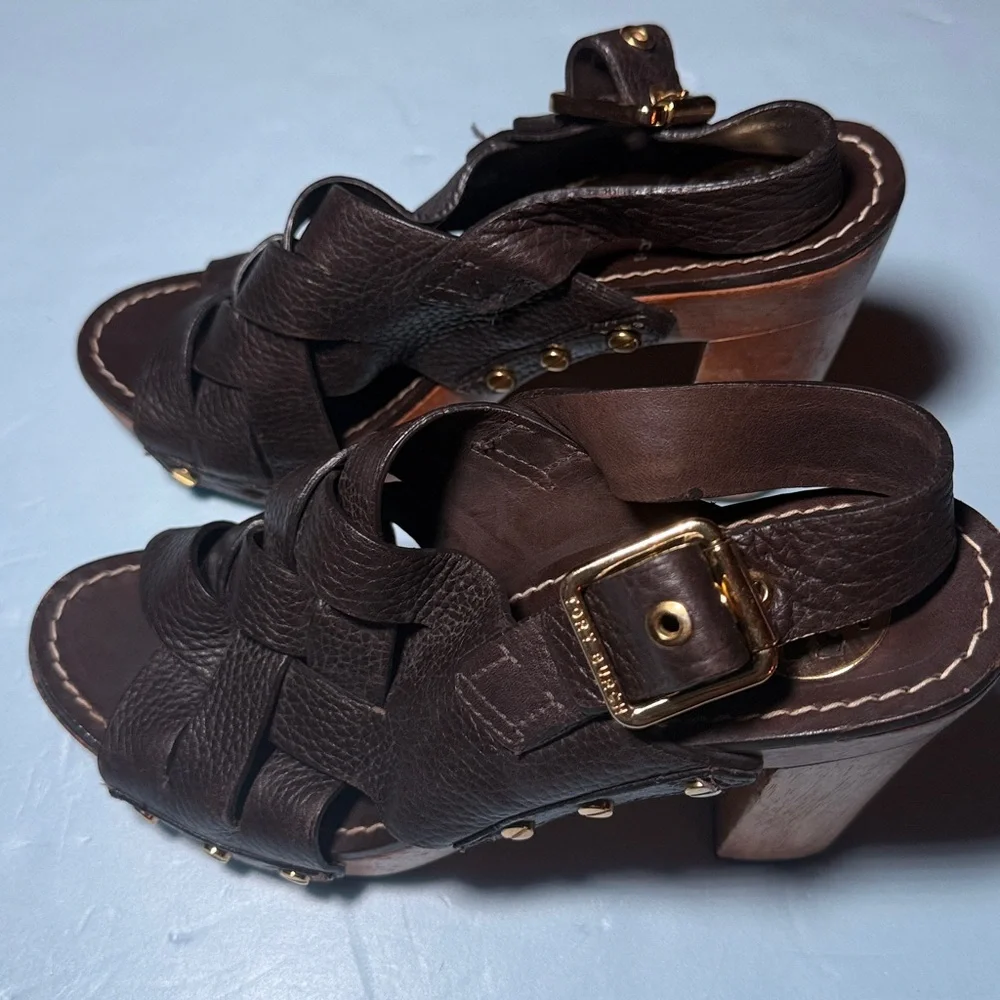 TORY BURCH Women’s 8 M Jodie Brown Leather Woven Platform Heel Sandals - Picture 6 of 15